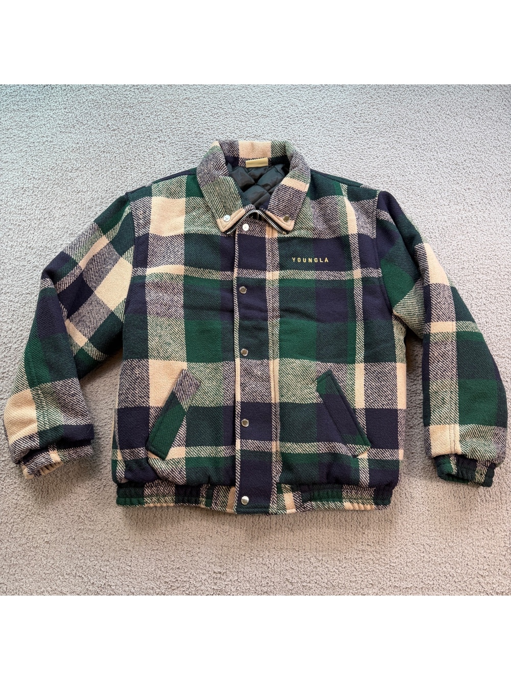 YoungLA Quilted Plaid Heavy Jacket Men’s Large Green Snap Button Flannel Bomber